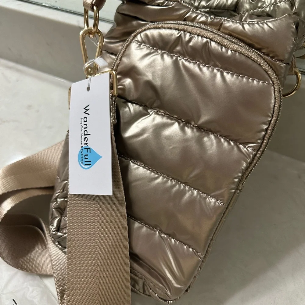 WonderFull Quilted Metallic Taupe Crossbody Bag with Wide Strap, NWT - Picture 7 of 9